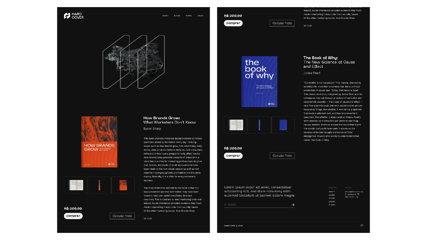 Mockup da loja digital Hardcover — interface escura com capas de livros